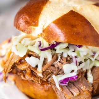 Close up of Instant Pot pulled pork on a bun