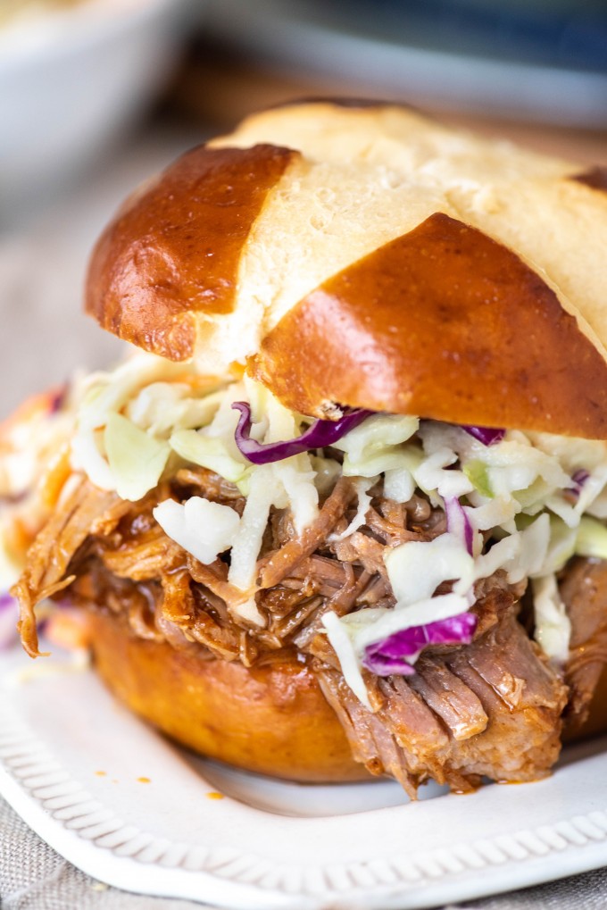 Close up of Instant Pot pulled pork on a bun