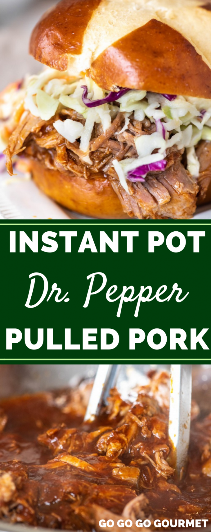This Instant Pot Pulled Pork recipe is SO easy, you won't believe it! With a sweet and tangy BBQ sauce made with Dr. Pepper, it's totally mouth watering. Pressure cooking a pork shoulder has never been so easy! #gogogogourmet #instantpotdrpepperpulledpork #instantpotpulledpork #easyinstantpotrecipes via @gogogogourmet