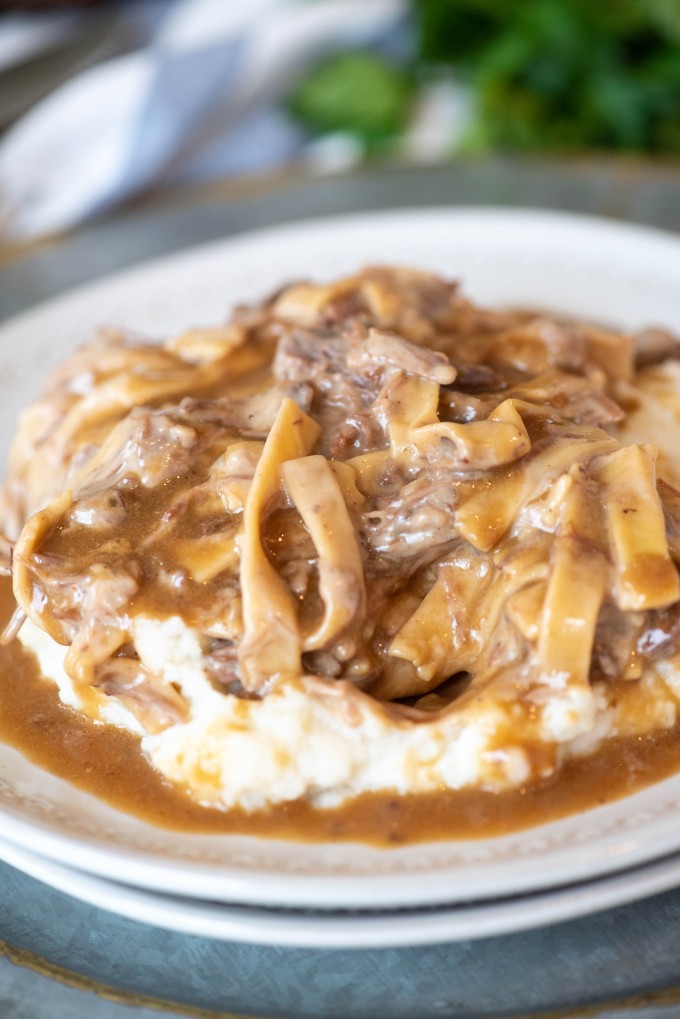 Instant Pot Amish Beef and Noodles on a white plate