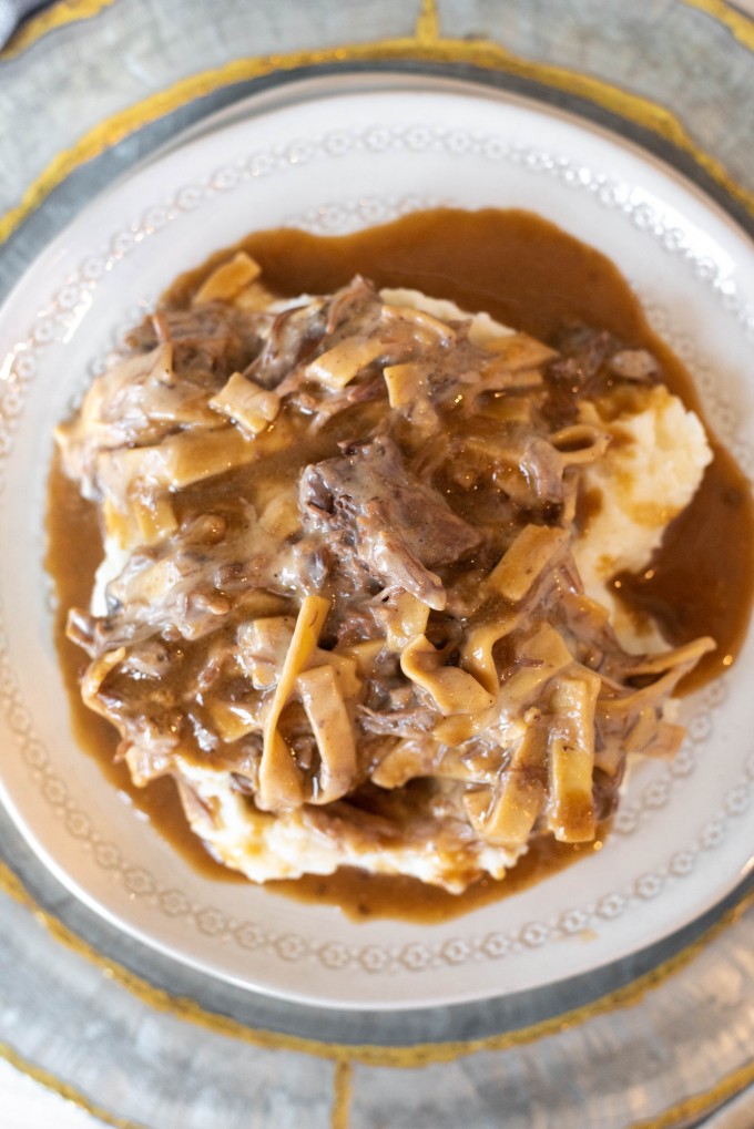 Overhead view of instant pot amish beef and noodles on a plate