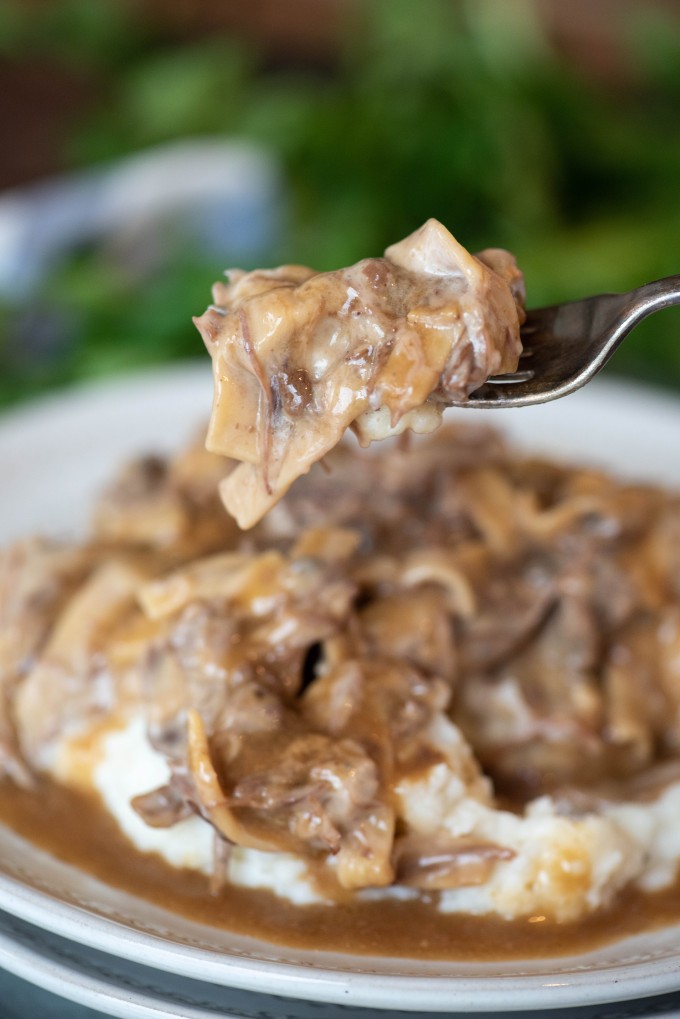 Amish Beef and Noodles on a fork