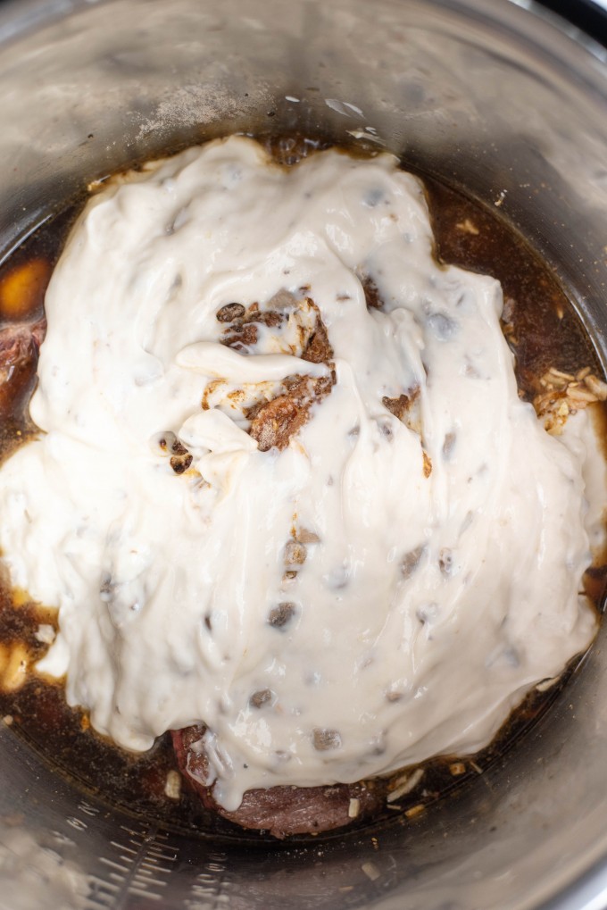 Overhead view of ingredients in an Instant Pot