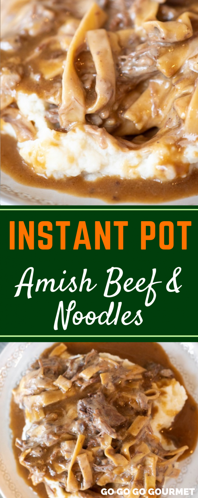 While it is also easy to make in the slow cooker or crockpot, this Instant Pot Amish Beef and Noodles recipe is even easier! It's one of those comfort foods that families love! Add it to your line up of dinners and casseroles! #gogogogourmet #instantpotamishbeefandnoodles #easycomfortfoods #easyinstantpotrecipes via @gogogogourmet