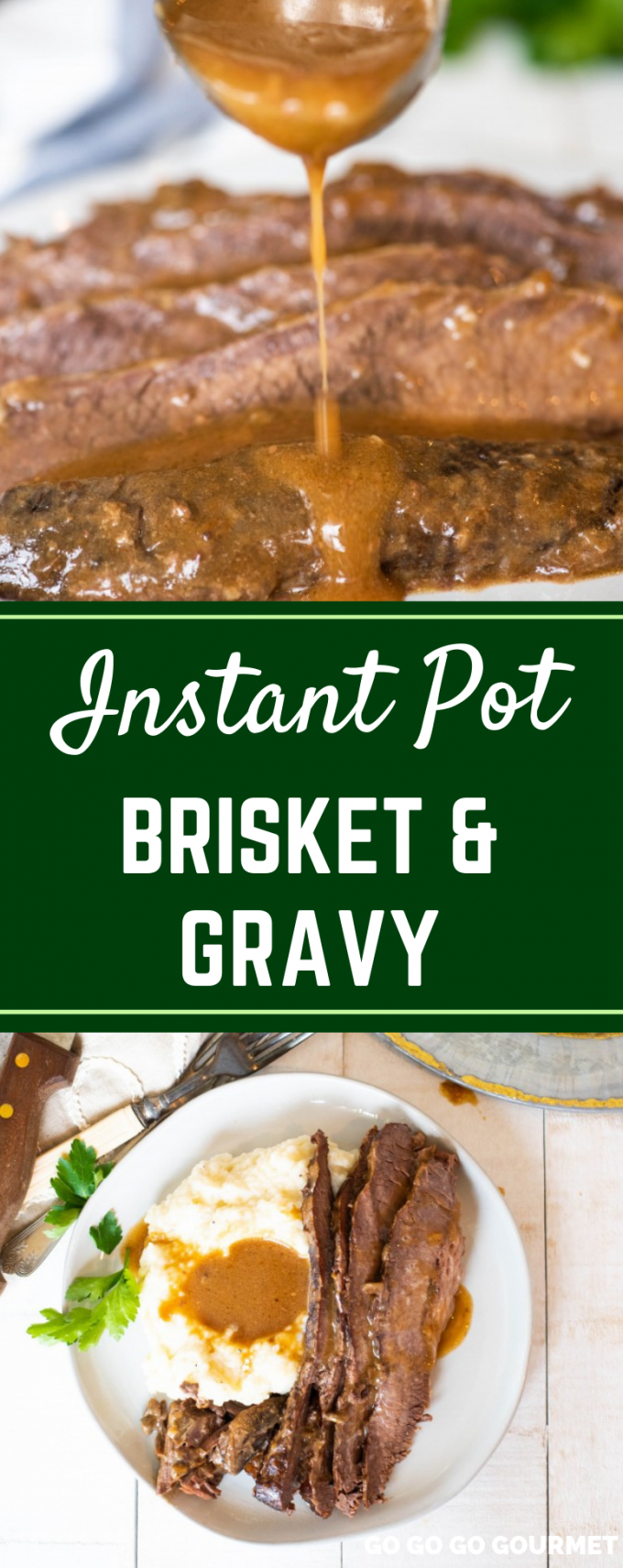 Pressure cooking just got a whole lot better thanks to this Instant Pot Tender Brisket and Gravy recipe! This easy brisket doesn't use BBQ or red wine, but rather soup and gravy mixes to give it an amazing flavor. You could even turn the leftovers into tacos! #gogogogourmet #instantpotbrisketandgravy #easyinstantpotrecipes #pressurecookerrecipes
