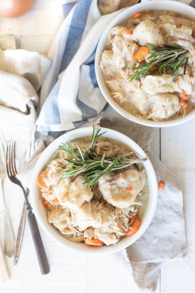 Overhead view of instant pot chicken and dumplings