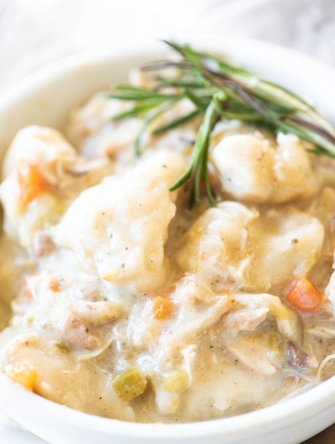 Close up of best instant pot chicken and dumplings in a white bowl