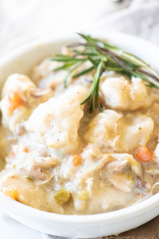 Close up of best instant pot chicken and dumplings in a white bowl