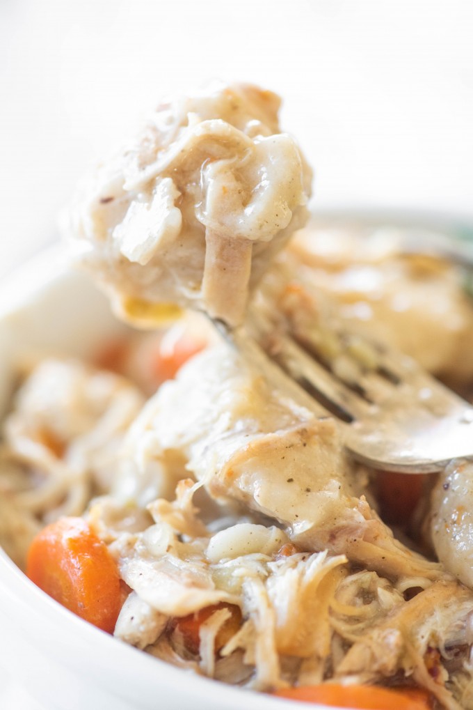 A forkful of chicken and dumplings