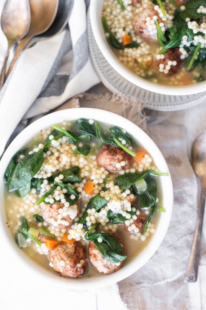 Overhead view of instant pot italian wedding soup in a bowl