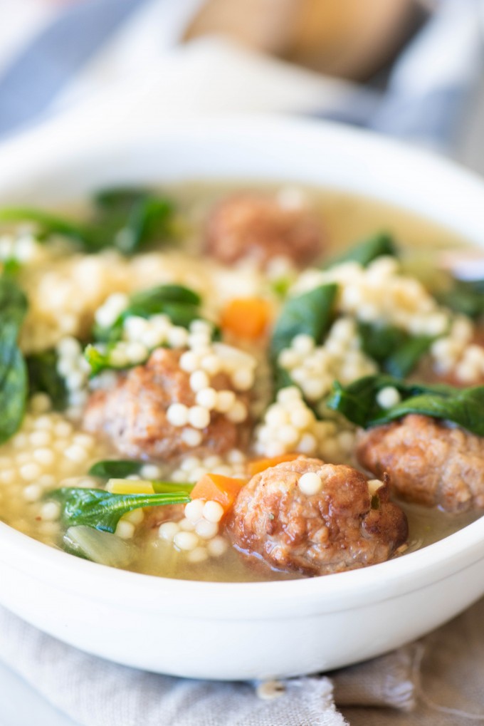 Close up of easy Instant Pot italian wedding soup in a white bowl