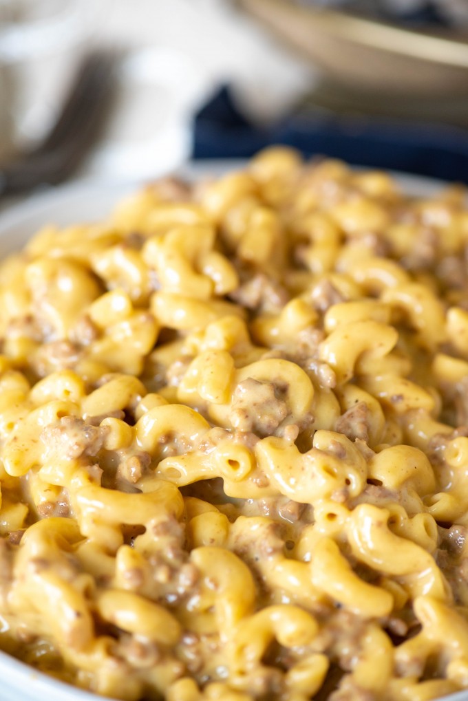 Close up of cheeseburger mac in a bowl