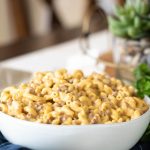 Cheeseburger mac in a white bowl