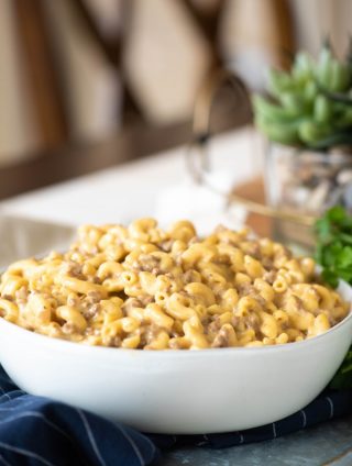 Cheeseburger mac in a white bowl