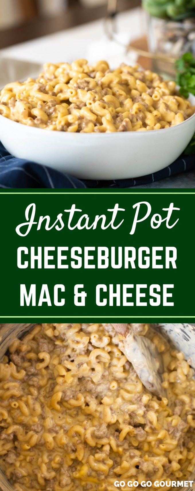 This easy Instant Pot Cheeseburger Mac and Cheese is a homemade version of your favorite boxed meal. Made with a mixture of Velveeta and cheddar cheese, this casserole is sure to become one of your family's new favorite dinners! #gogogogourmet #instantpotcheeseburgermac #cheeseburgermacandcheese #copycatrecipes #easydinnerrecipes #easyinstantpotrecipes