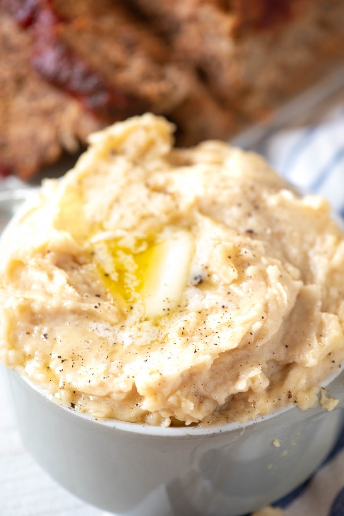 Bowl of mashed potatoes cooked with instant pot meatloaf