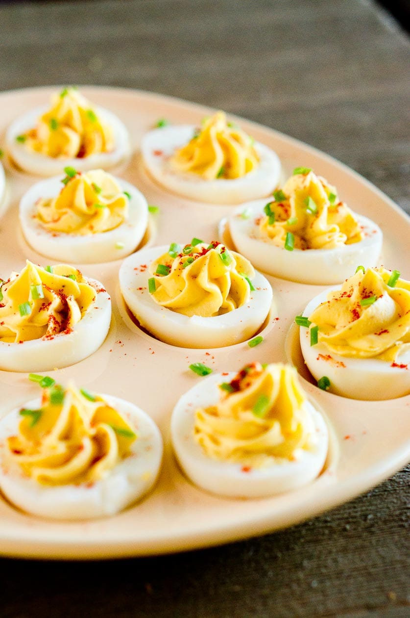 Boiled egg recipes - classic deviled eggs on a white plate