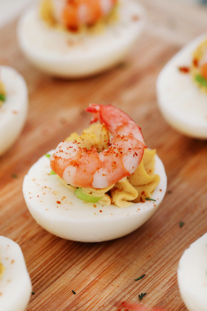 Boiled egg recipes - deviled eggs topped with old bay shrimp