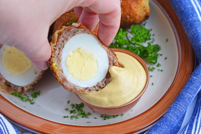 Boiled egg recipes - scotch eggs in dipping sauce