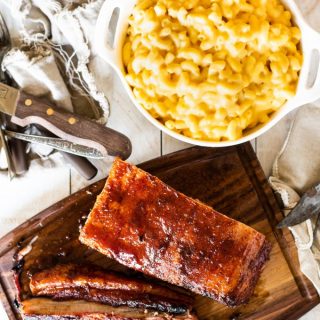 OVerhead view of BBQ Smoked Pork Belly with mac and cheese