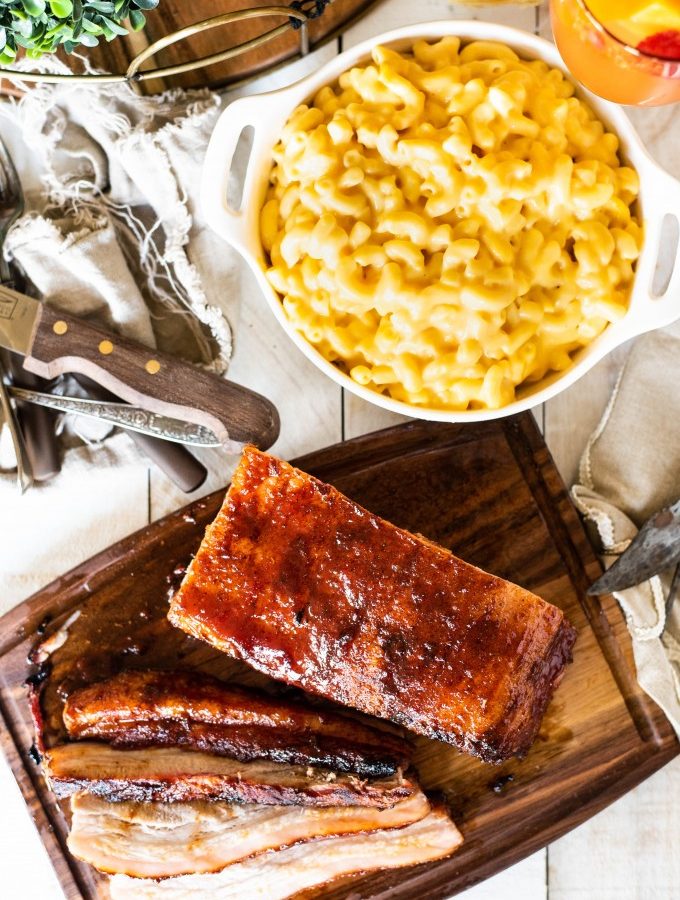 OVerhead view of BBQ Smoked Pork Belly with mac and cheese