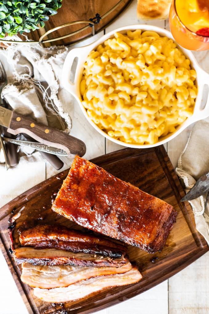 OVerhead view of BBQ Smoked Pork Belly with mac and cheese