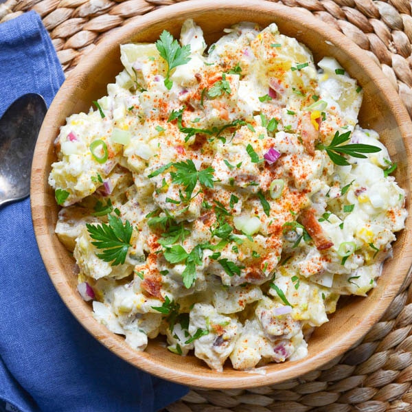 potato salad in a wooden bowl