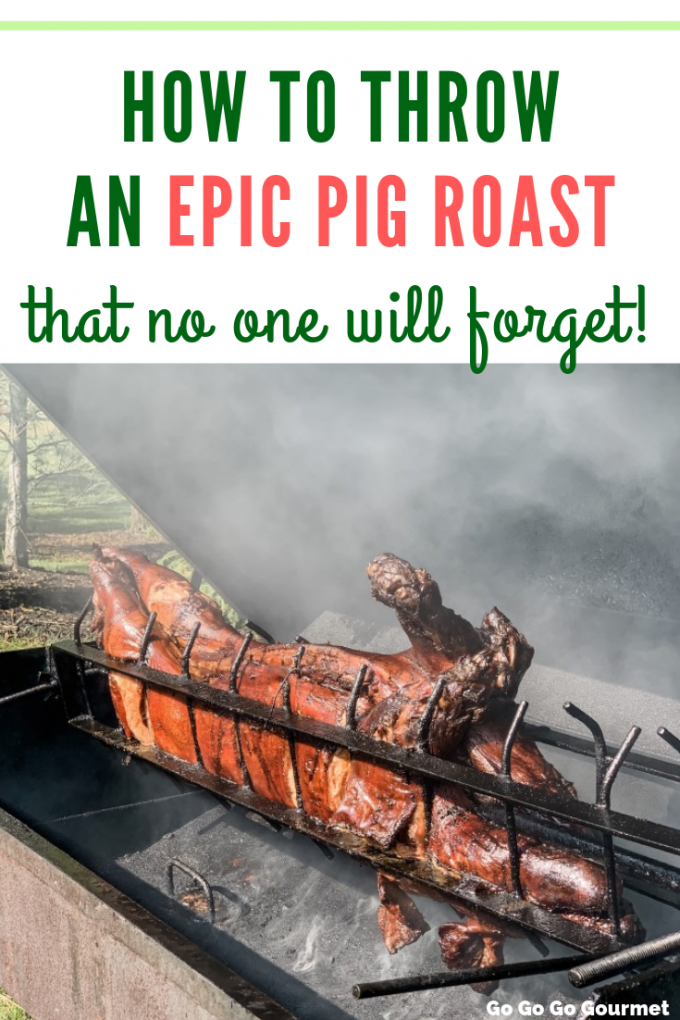 If you've ever wanted to roast a pig at home, check out all of my tips and tricks for How to Throw an Epic Pig Roast party that no one will forget! I share my entire menu, including side dishes and even decorations! #gogogogourmet #pigroast #bestpigroastrecipes #pigroastdecorations #pigroastrecipes via @gogogogourmet