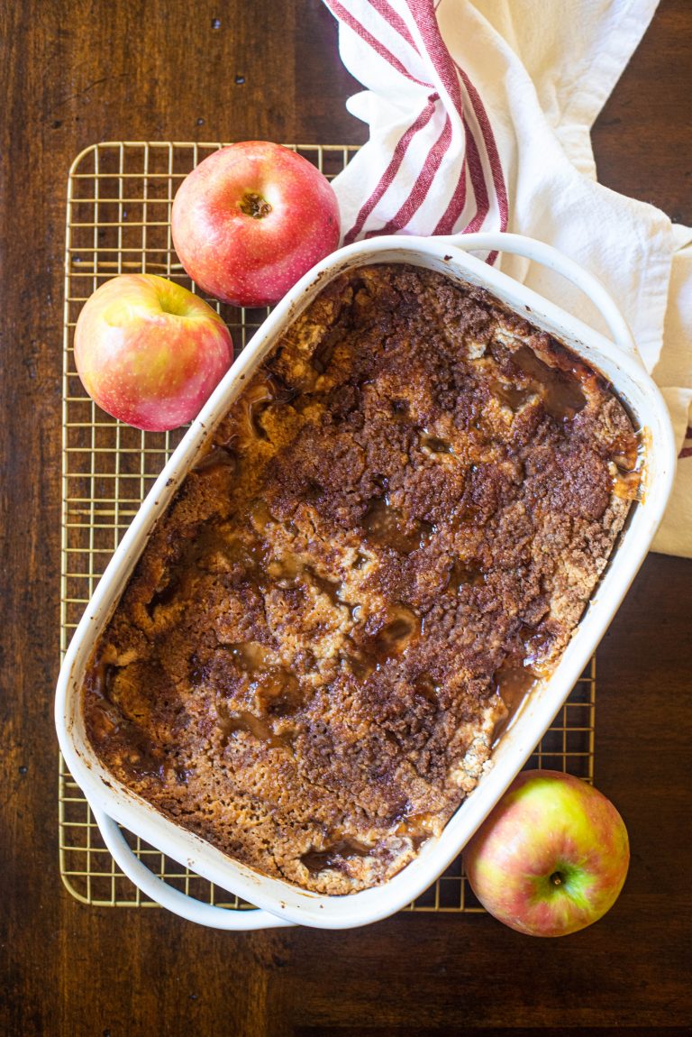 Overhead view of apple dump cake 