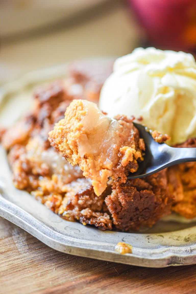 Apple Pumpkin Dump Cake on a fork