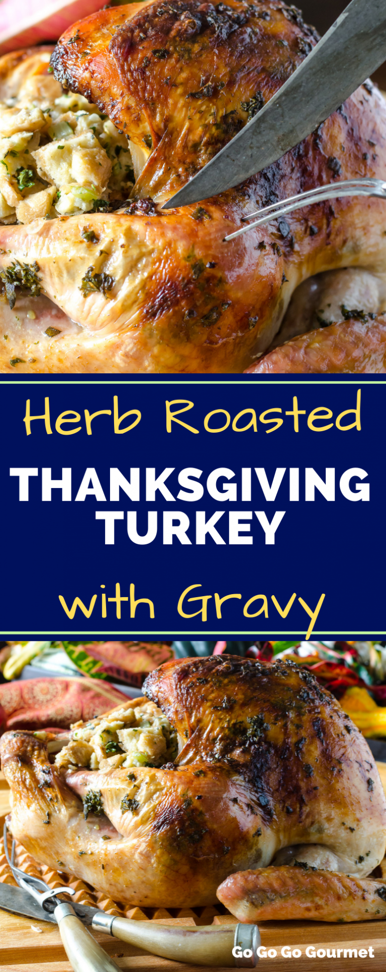 Move over Ina Garten, this easy Herb Roasted Turkey recipe is the best of the Thanksgiving turkey recipes! Made with fresh herbs and a brine, this turkey is moist, juicy and super flavorful! #gogogogourmet #herbroastedturkey #thanksgivingturkey #easyturkeyrecipe via @gogogogourmet