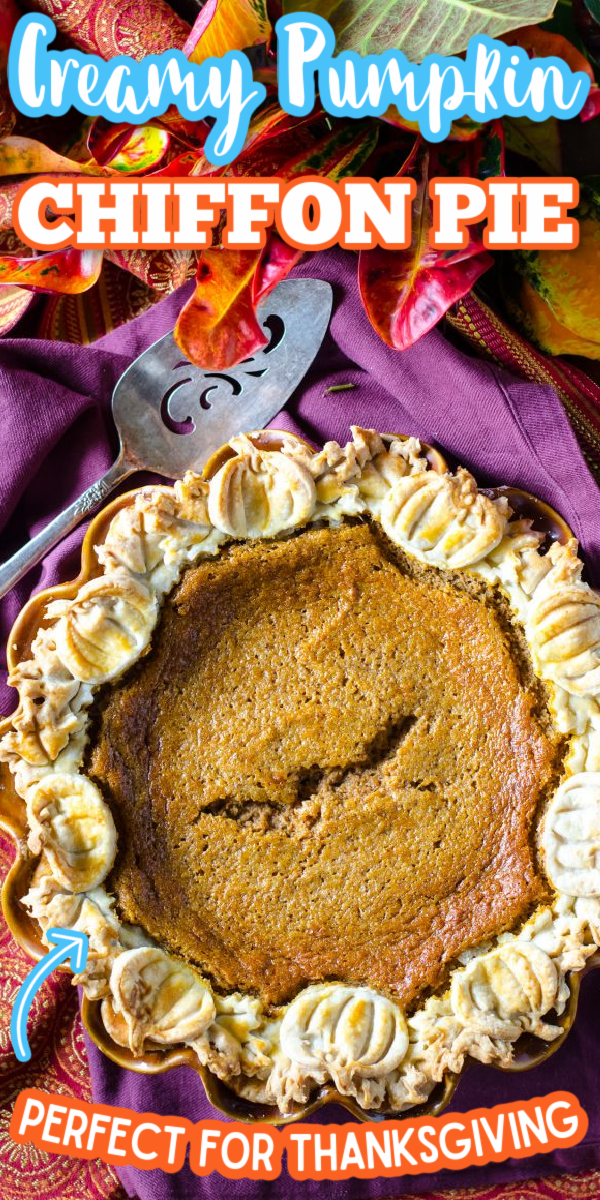 Move over Paula Deen, this easy Pumpkin Chiffon Pie is the best! There is no gelatin required, and it's perfectly creamy and delicious! Your Thanksgiving dessert table won't be the same without this perfect pie with a decorative crust. #gogogogourmet #pumpkinchiffonpie #pumpkinpie #thanksgivingdesserts via @gogogogourmet