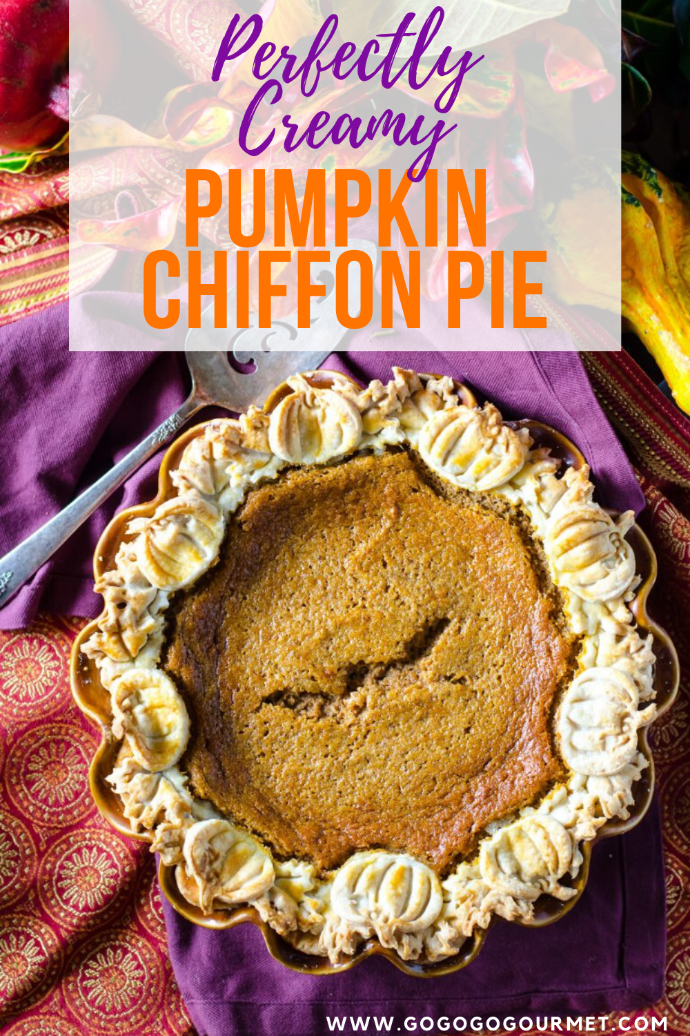 Move over Paula Deen, this easy Pumpkin Chiffon Pie is the best! There is no gelatin required, and it's perfectly creamy and delicious! Your Thanksgiving dessert table won't be the same without this perfect pie with a decorative crust. #gogogogourmet #pumpkinchiffonpie #pumpkinpie #thanksgivingdesserts via @gogogogourmet