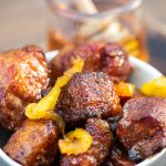 Pork belly burnt ends in a white bowl