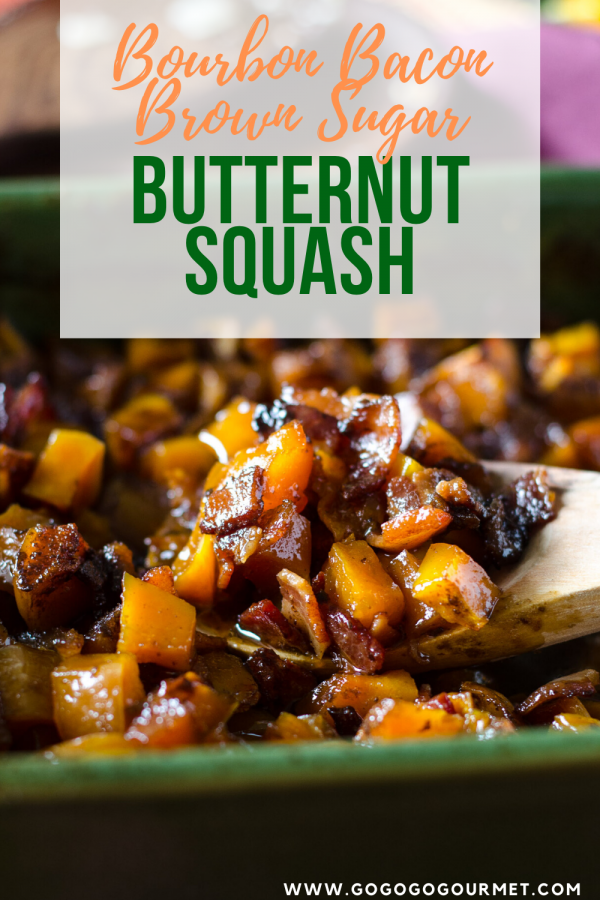 Pinterest image for bourbon bacon brown sugar butternut squash