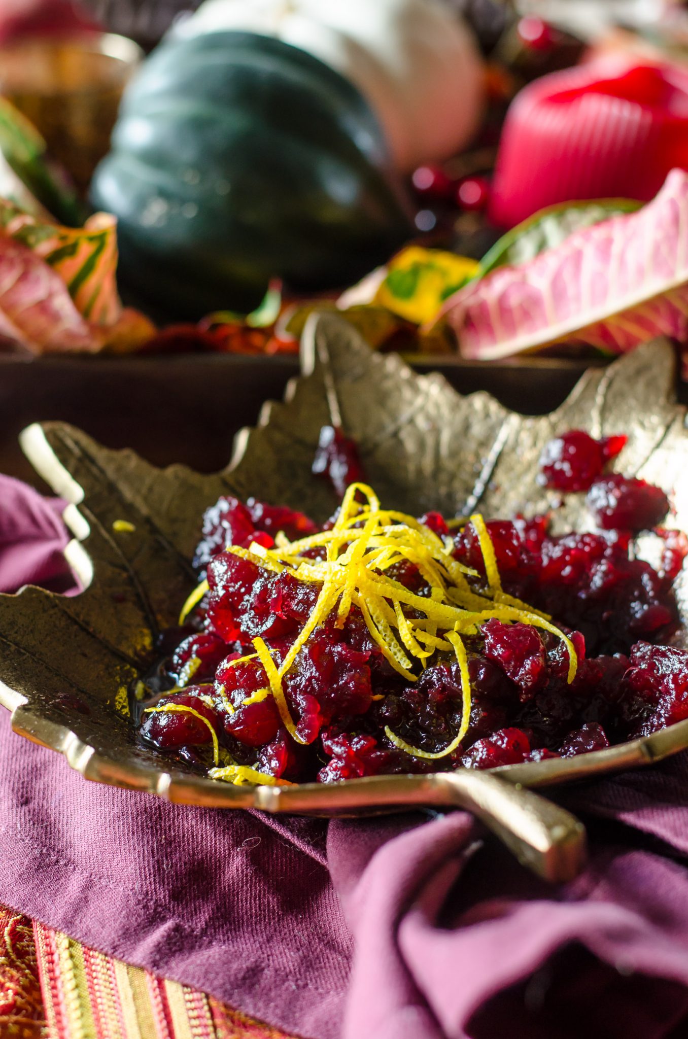 Close up or cranberry sauce in a leaf bowl