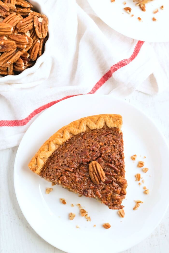 Overhead shot of a slice of pecan pie