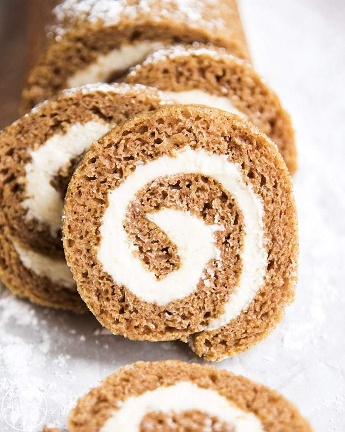 Close up of sliced pumpkin roll