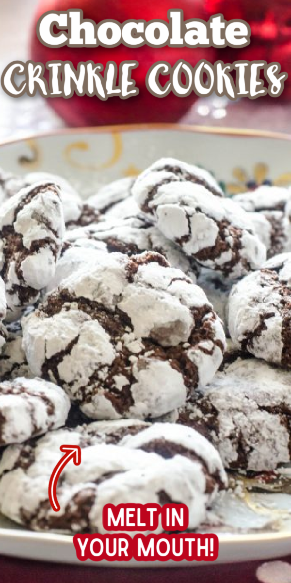 Forget the cake mix, this easy Chocolate Crinkle Cookies recipe is the best! These chewy, fudgy cookies are made with cocoa powder to make the ultimate Christmas cookie. They're almost like a brownie in cookie form! #gogogogourmet #chocolatecrinklecookies #crinklecookies #christmascookies via @gogogogourmet
