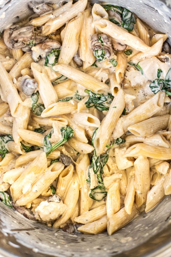 Overhead view of Instant Pot pasta in a pot