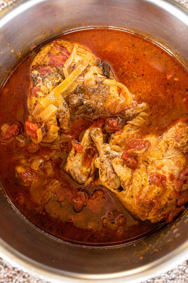 Overhead view of chicken cacciatore in the Instant Pot