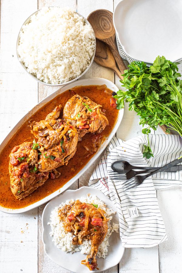 Overhead view of Chicken dinner in a white baking dish