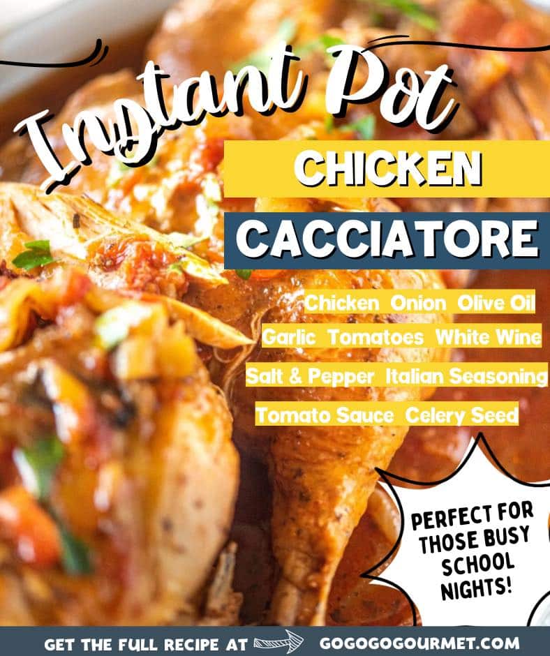 This easy Instant Pot Chicken Cacciatore recipe is the best! Simply sear the chicken, then let the electric pressure cooker do all of the work! Serve with pasta or rice, and you've got yourself a delicious, authentic Italian meal. #gogogogourmet #instantpotchickencacciatore #chickencacciatore #instantpotrecipes #instantpotchicken via @gogogogourmet