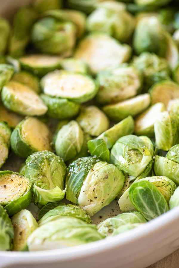 Raw brussels sprouts in a dish