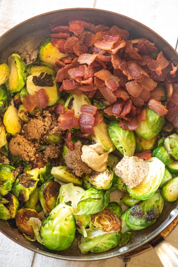 Brussels sprouts and bacon in a pan